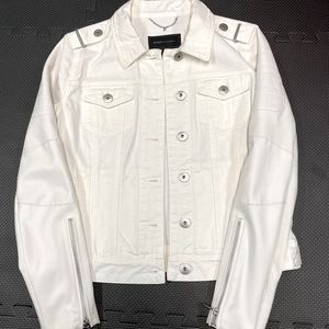 BCBGmaxazria white denim jean jacket vegan sleeve Medium